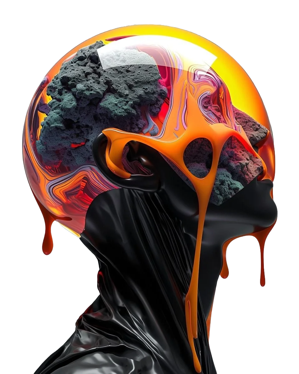 Sculptural portrait with flowing orange forms, representing growth and collaboration