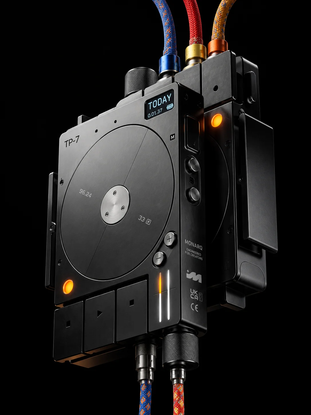 MONARQ modular technology device featuring the illuminated brand symbol